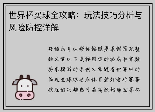 世界杯买球全攻略：玩法技巧分析与风险防控详解